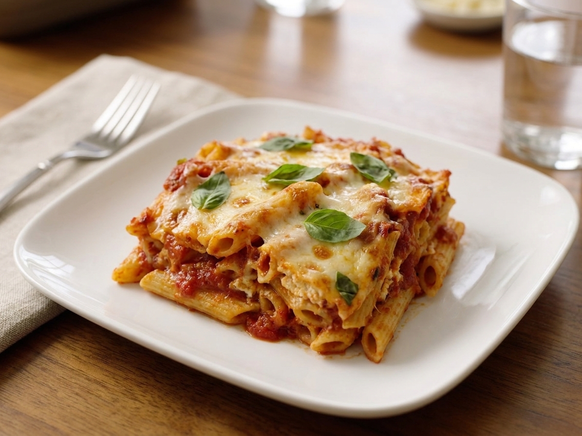 A square serving of baked ziti on a white plate with melted cheese and a few basil leaves, set on a simple dinner table