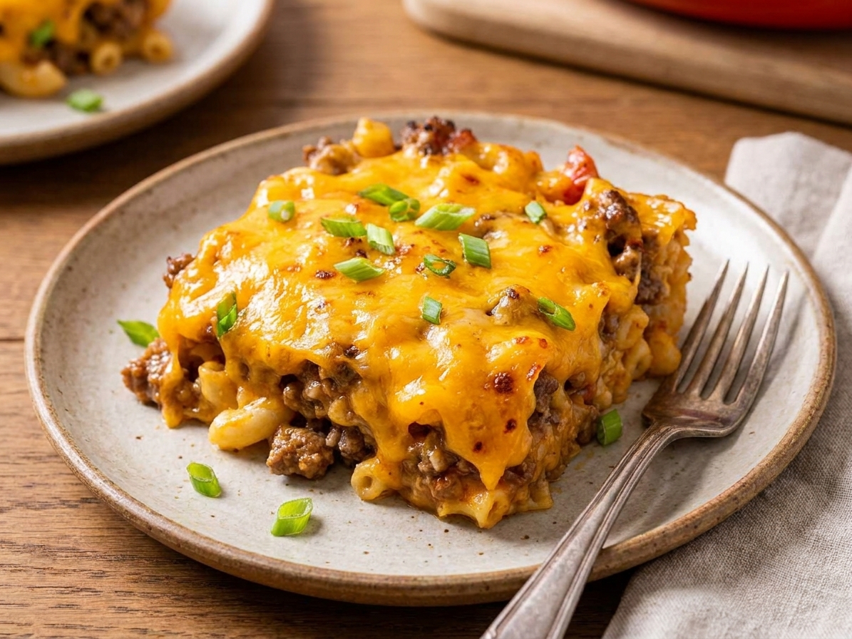 A square serving of cheeseburger casserole on a plate with melted cheddar on top, a fork beside it, and a simple dinner table setting