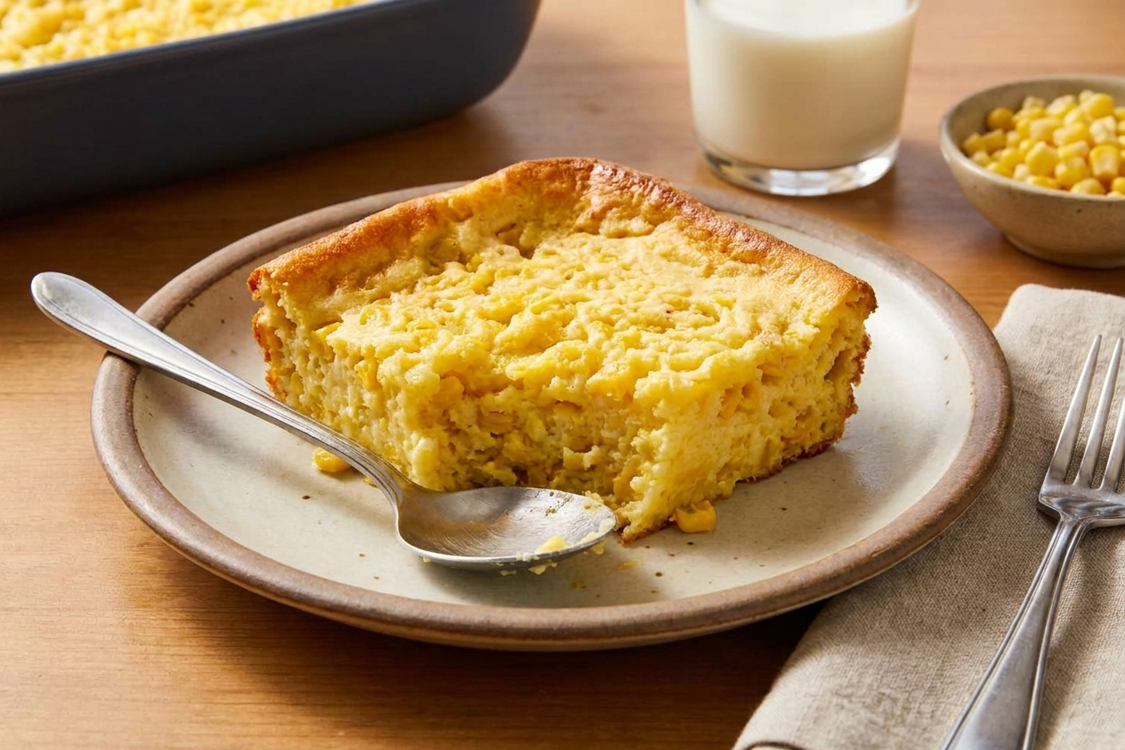 A square serving of corn souffle casserole on a plate with a spoon, showing a fluffy yellow interior and golden browned edges on a simple table setting
