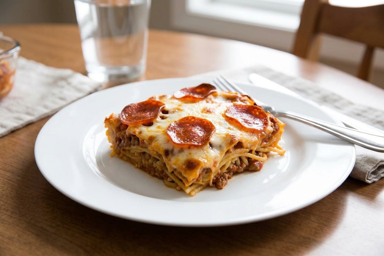 A square serving of pepperoni pizza casserole on a plate with melted mozzarella and crisped pepperoni, set on a simple dinner table