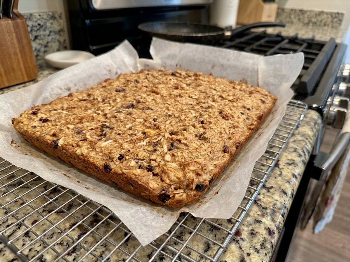 A square slab of baked oatmeal bars cooling on a wire rack with parchment paper underneath in soft natural light