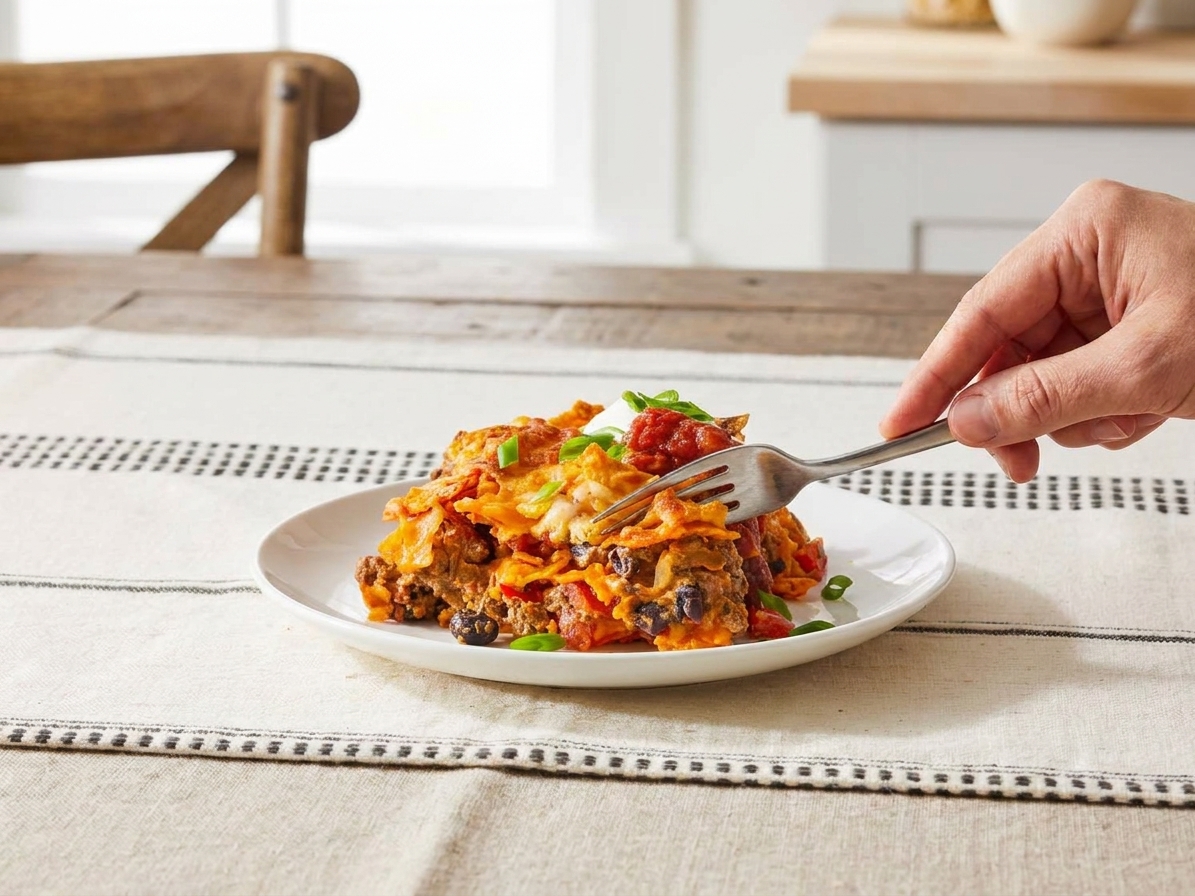 A square slice of Dorito casserole served on a plate with melted cheddar and crunchy chip topping, set on a dining table