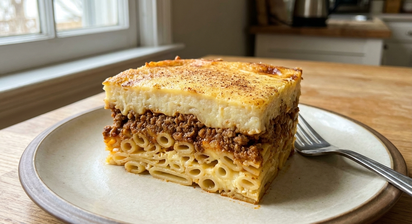 A square slice of Greek pastitsio on a plate showing distinct layers of pasta, meat sauce, and béchamel, with a fork resting beside it, natural window light