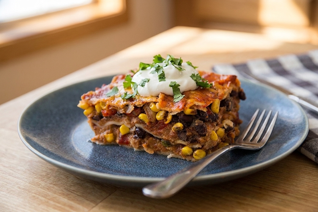 A square slice of Mexican casserole on a plate topped with sour cream and cilantro, with a fork on the side on a simple table setting