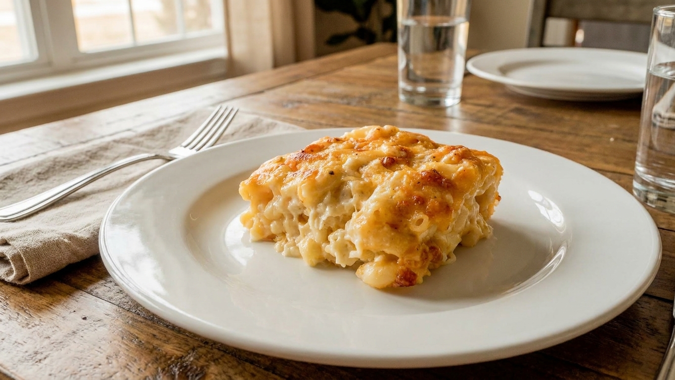 A square slice of Southern baked macaroni and cheese on a plate showing a creamy interior and browned top crust at a dinner table place setting