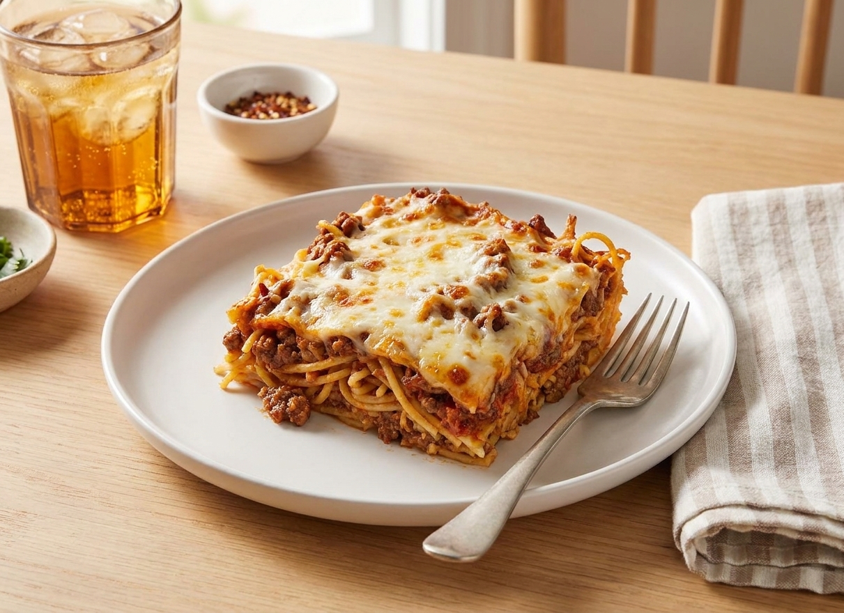 A square slice of baked spaghetti on a plate with melted cheese and sauce, set on a simple dinner table with a fork and napkin