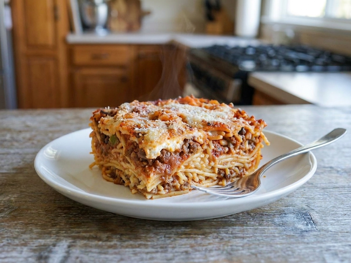 A square slice of cheesy baked spaghetti served on a simple white plate with a fork, showing layers of noodles, meat sauce, and creamy cheese