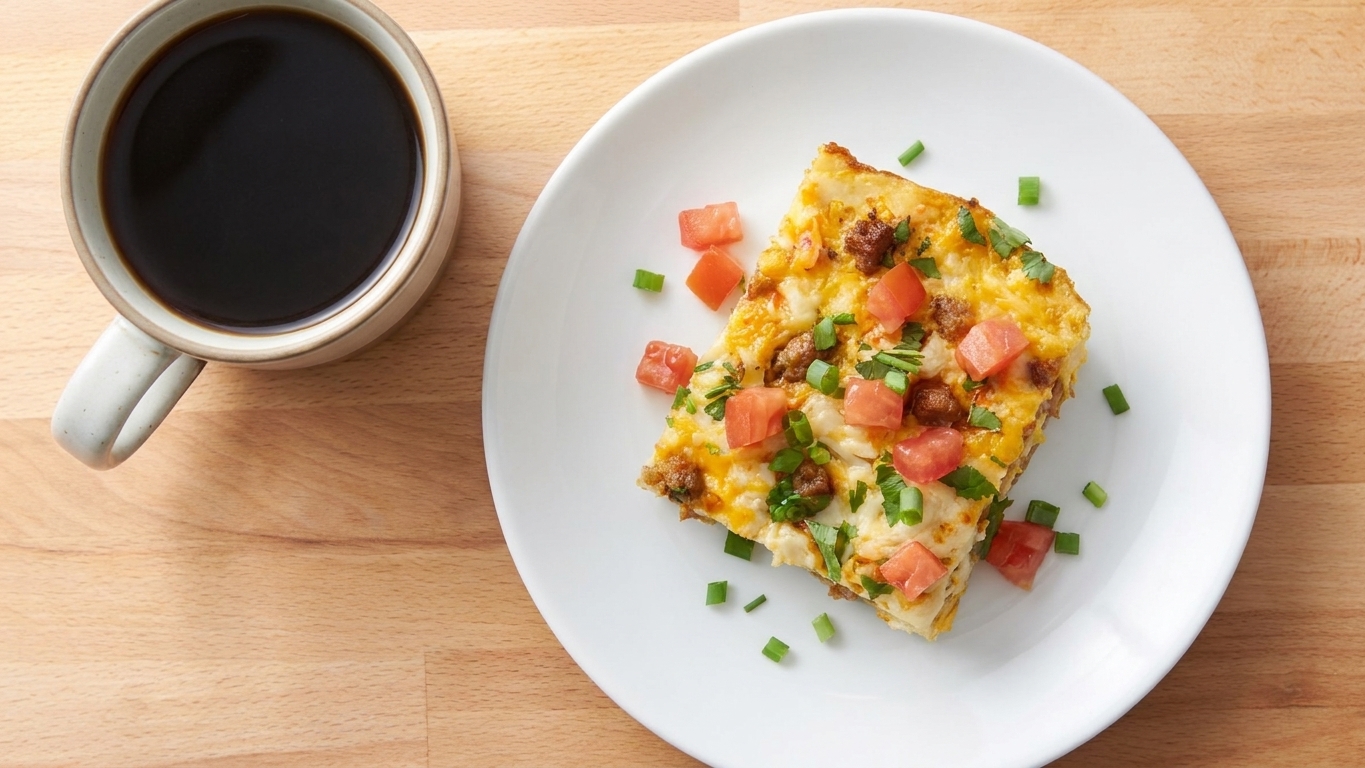 A square slice of cheesy breakfast casserole on a plate with chives sprinkled on top, with a mug of coffee nearby