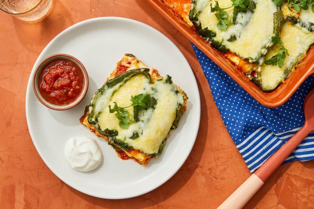 A square slice of chile relleno casserole on a plate with salsa and a dollop of sour cream, with the casserole dish in the background
