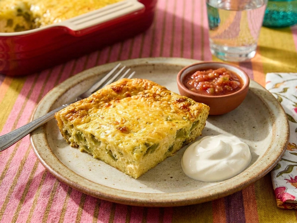 A square slice of chili relleno casserole on a plate with salsa and a spoonful of sour cream, set on a simple dinner table