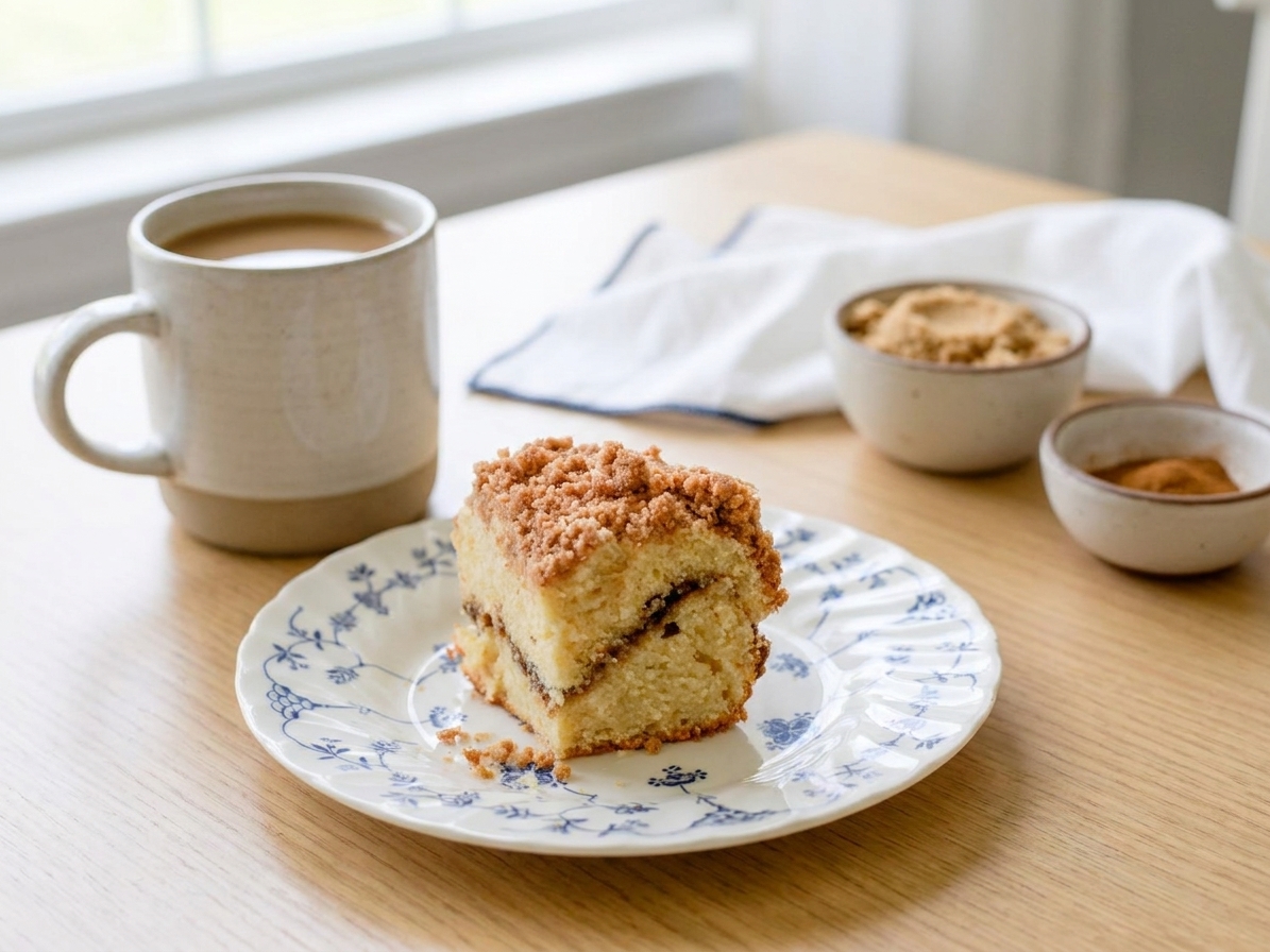 A square slice of cinnamon coffee cake with a visible streusel ribbon on a small plate next to a mug of coffee on a simple breakfast table