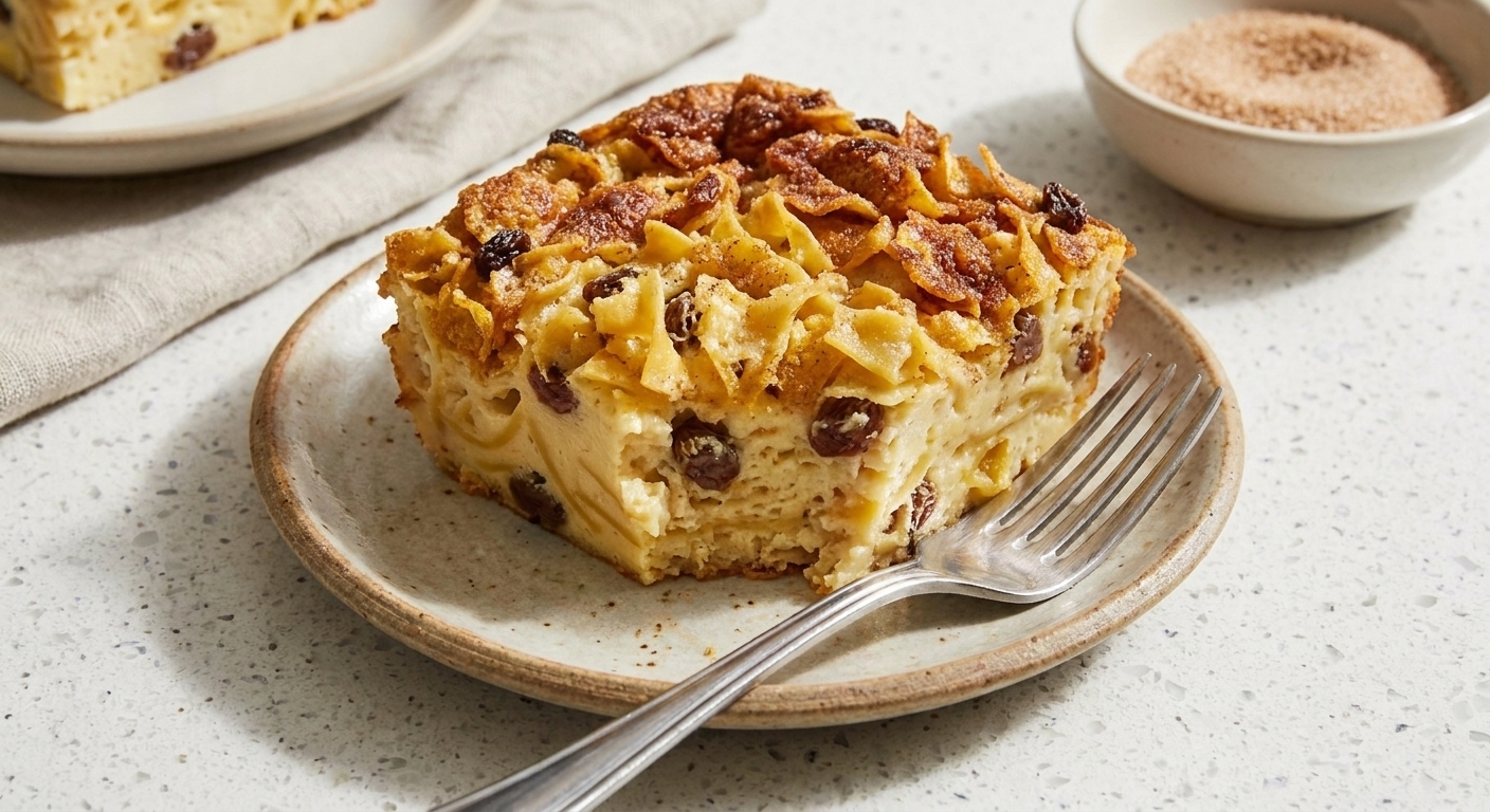 A square slice of cinnamon noodle kugel on a small plate with a fork, showing a creamy interior and crisp cornflake topping