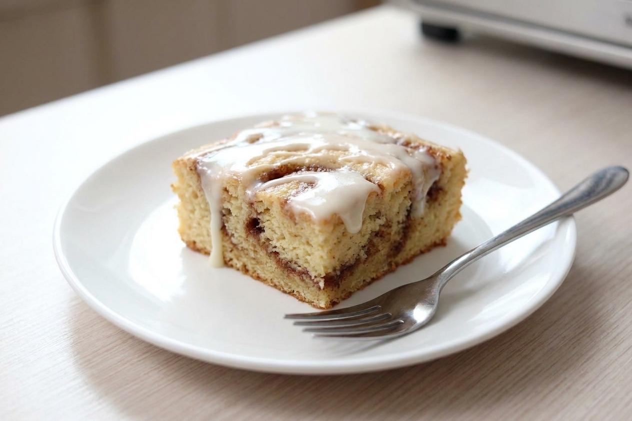A square slice of honey bun cake on a ceramic plate with a fork nearby, showing cinnamon swirl and glaze