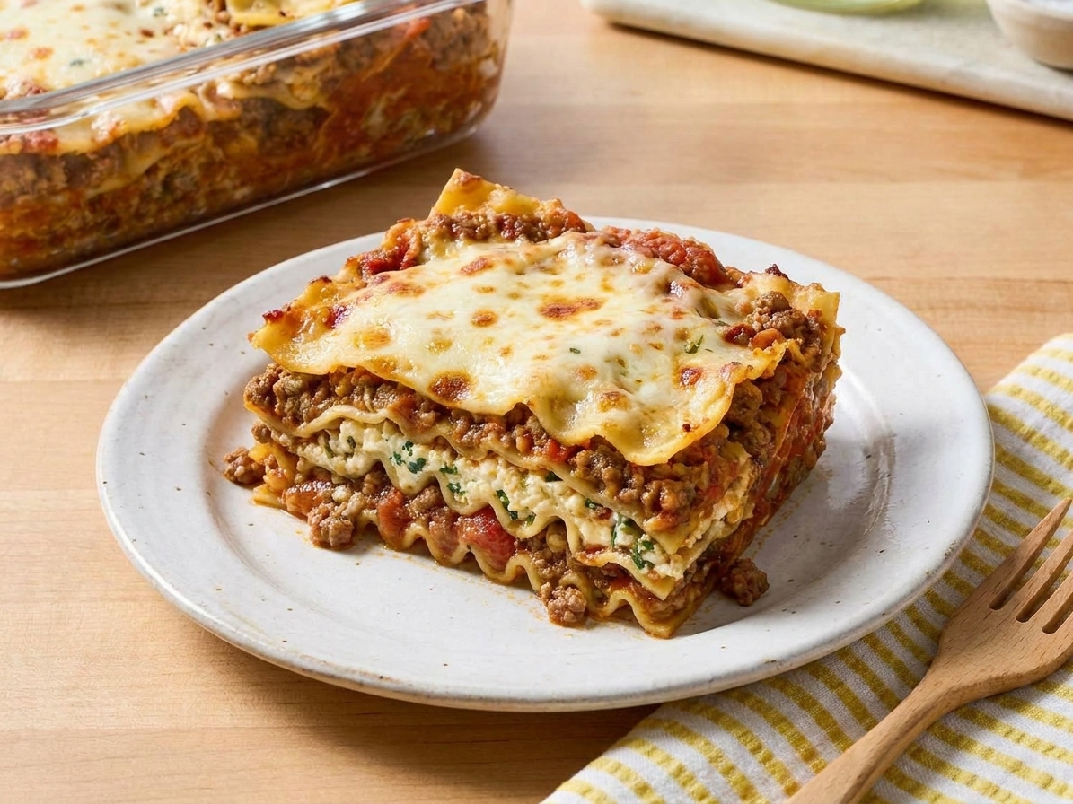 A square slice of lasagna on a white plate with visible layers of noodles, meat sauce, cottage cheese filling, and melted mozzarella