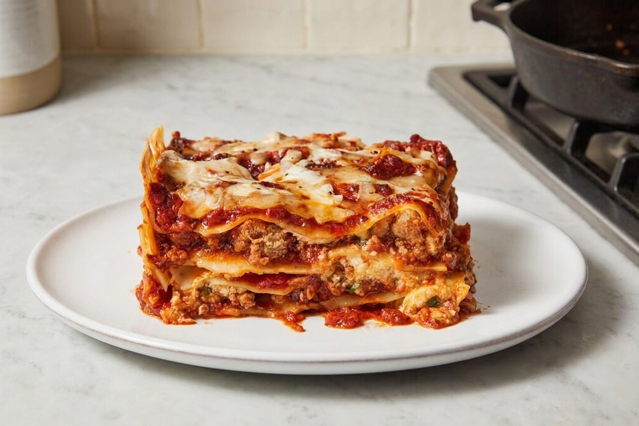 A square slice of meat lasagna lifted onto a plate with visible layers of noodles, meat sauce, and cheese