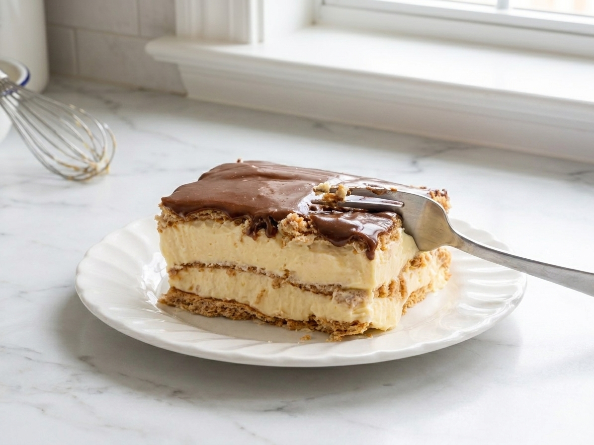 A square slice of no-bake eclair cake on a dessert plate with soft graham cracker layers, creamy vanilla filling, and a glossy chocolate topping