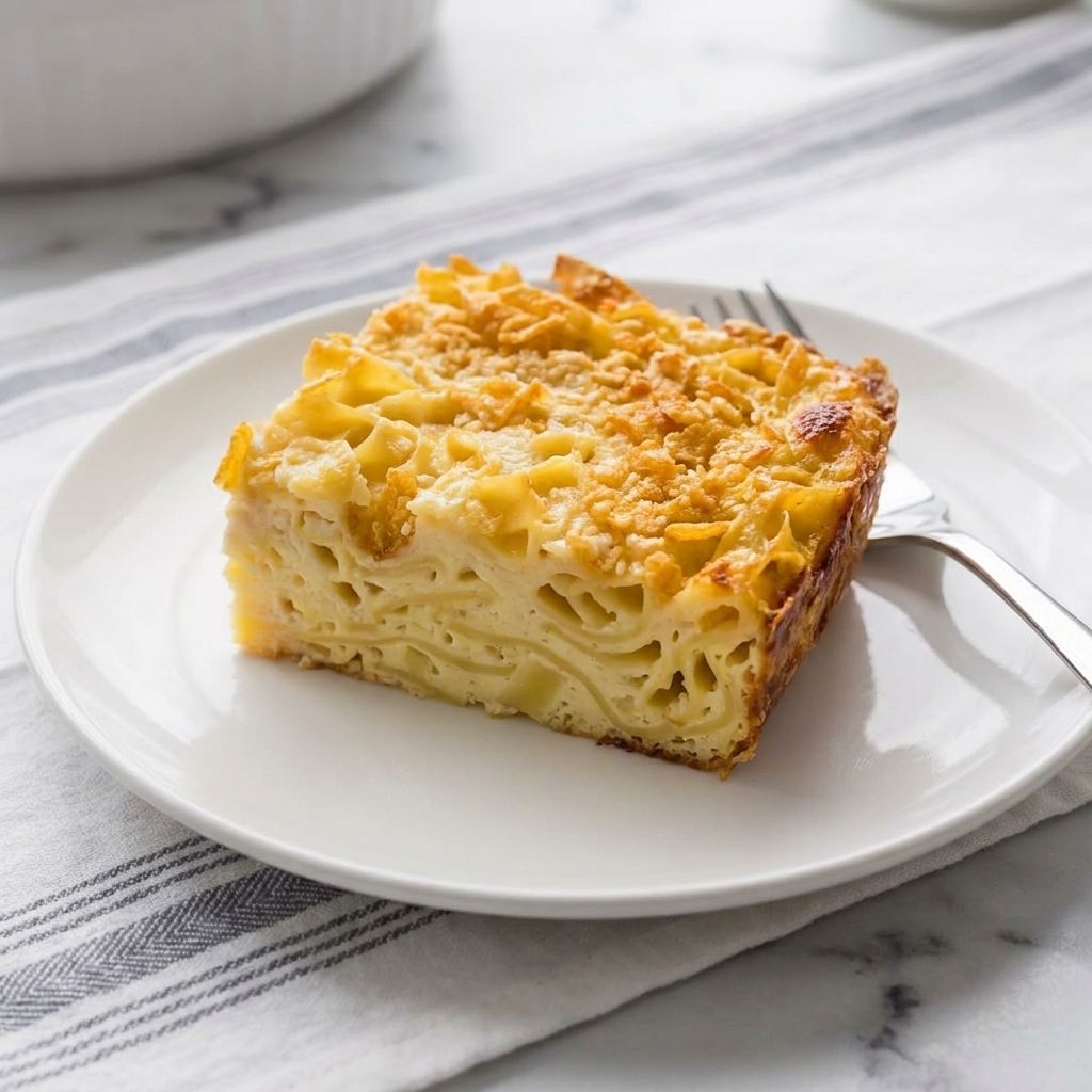 A square slice of noodle kugel on a simple plate with a fork, showing creamy noodles and crisp cornflake topping at the edges