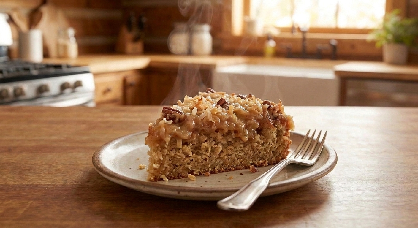 A square slice of old-fashioned oatmeal cake on a small plate with a golden coconut-pecan topping, set on a simple wooden table in soft natural light