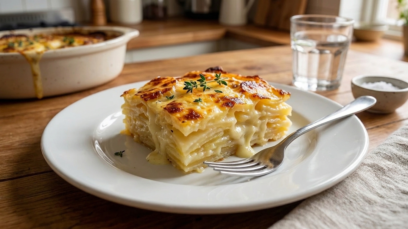 A square slice of potato dauphinoise served on a white plate with a fork, showing creamy layers and a golden top on a simple dinner table setting