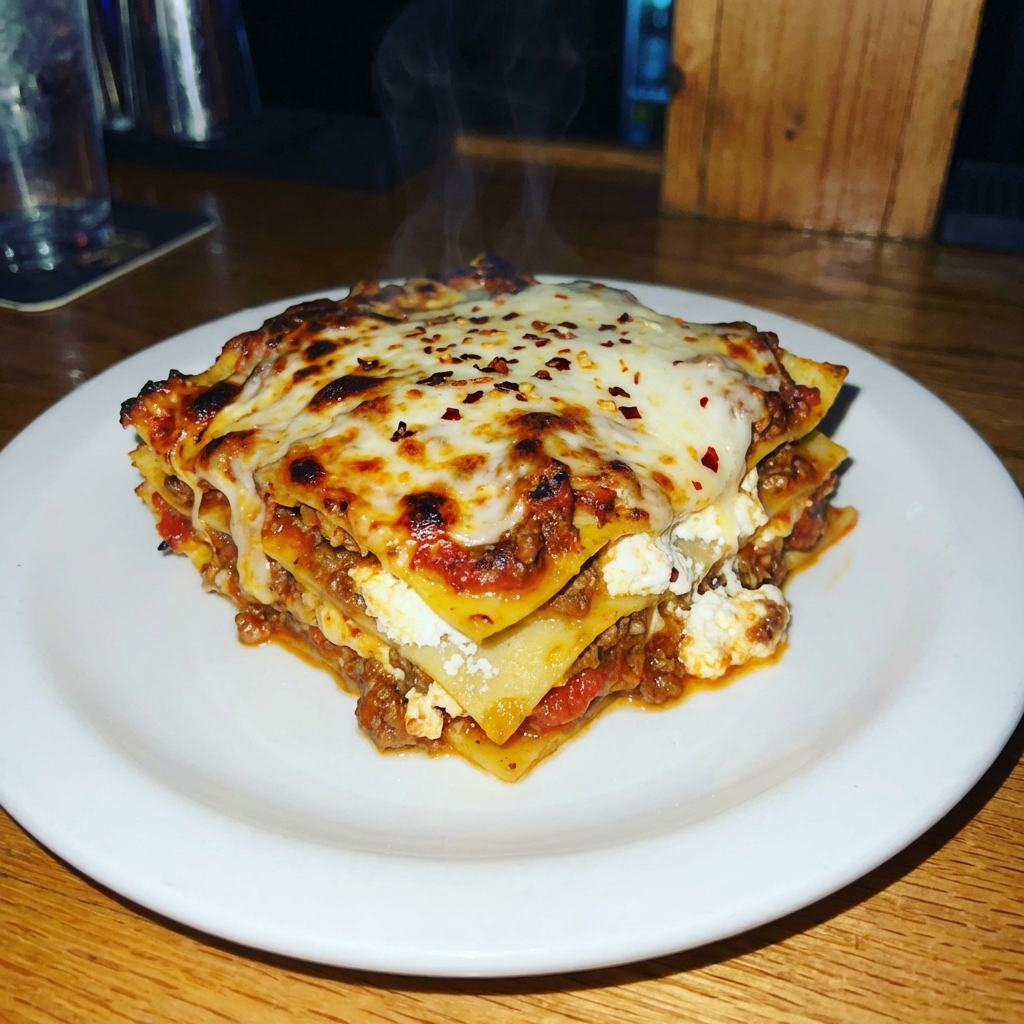 A square slice of smoky and spicy lasagna on a plate with melted cheese and visible layers of noodles, sauce, and ricotta