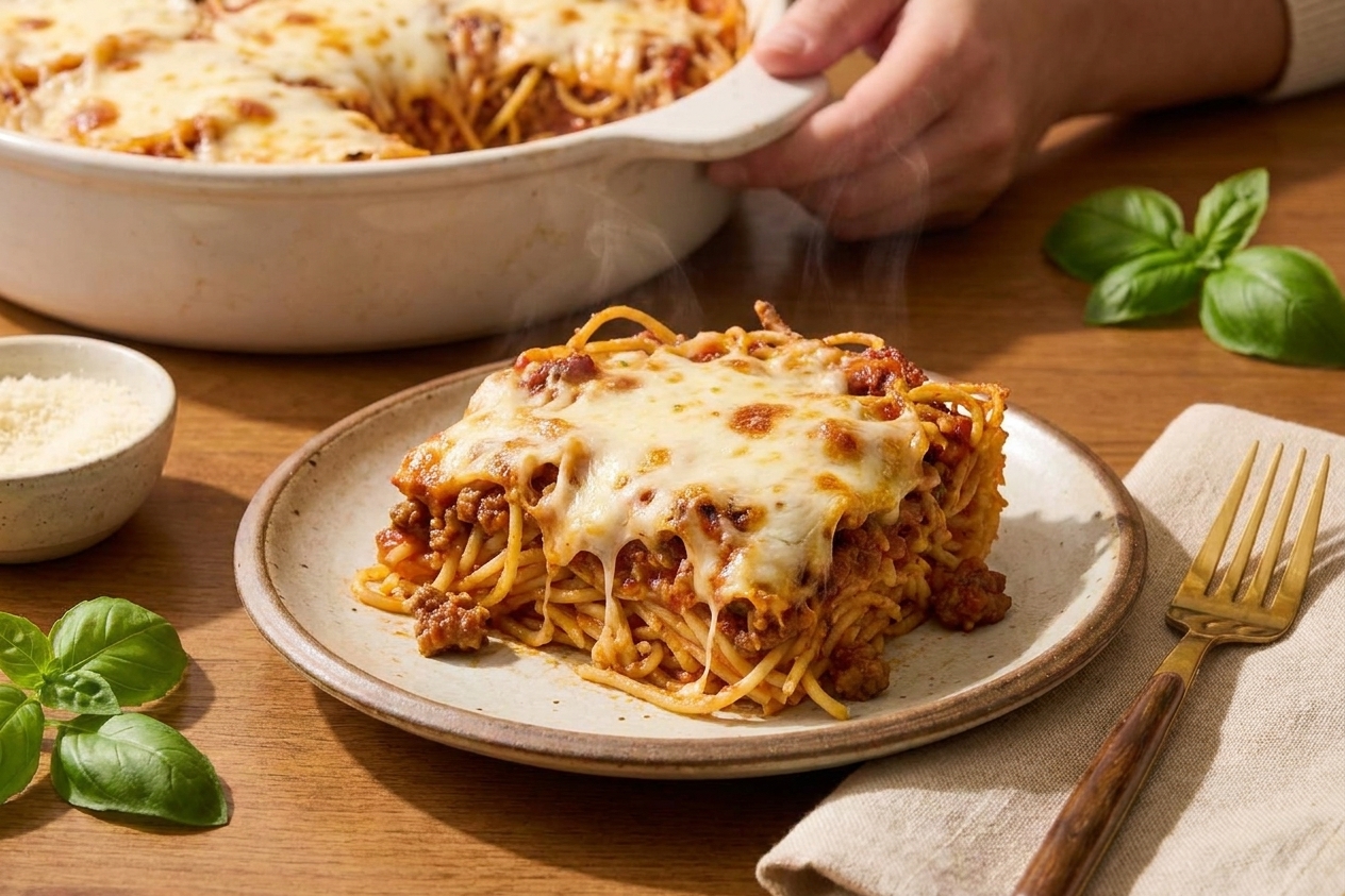 A square slice of spaghetti bake on a ceramic plate with stretchy melted cheese and sauce, set on a dinner table with a fork