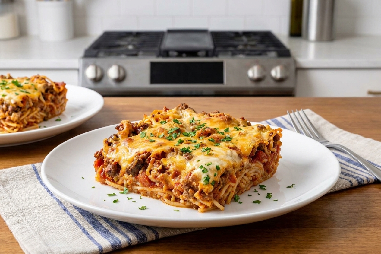 A square slice of spaghetti casserole on a plate with melted mozzarella and a sprinkle of parsley, set on a dinner table