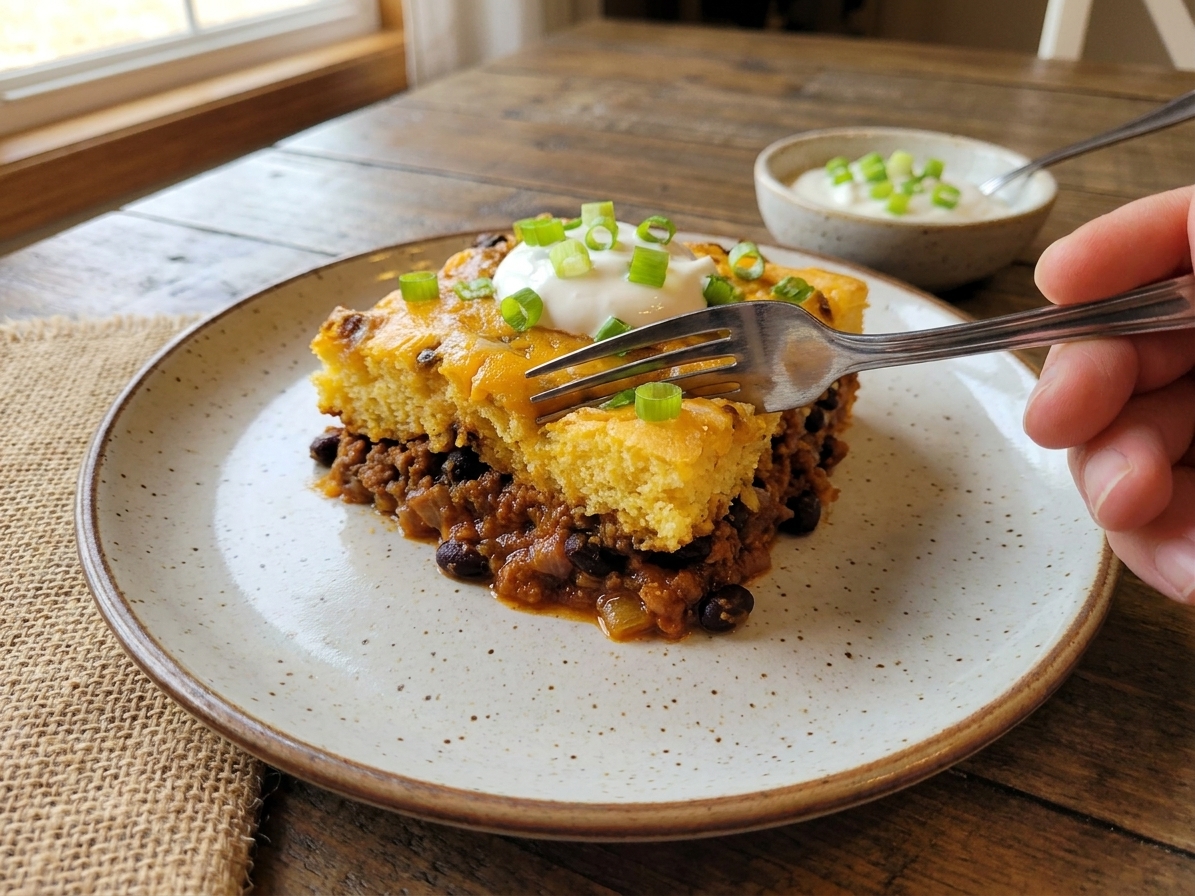 A square slice of tamale pie on a ceramic plate showing layers of saucy beef filling and fluffy cornbread topping