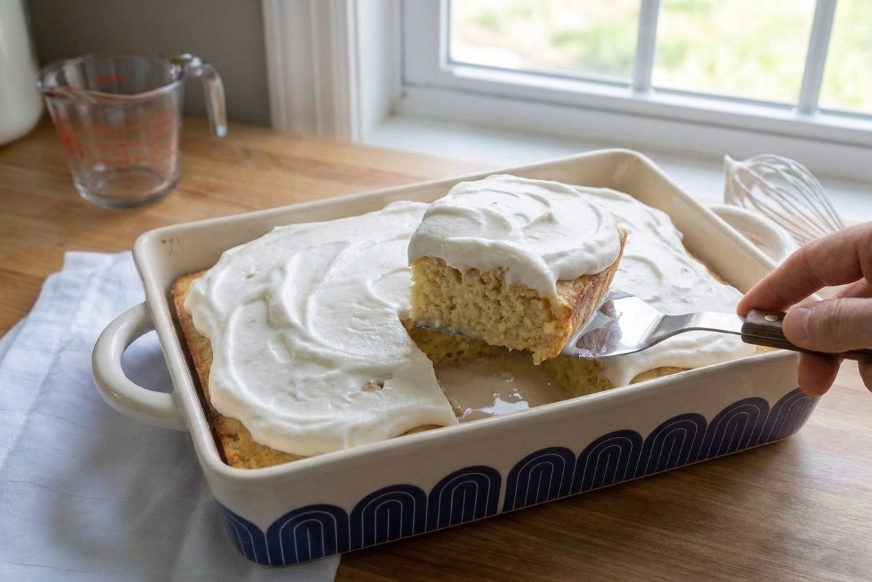 A square slice of tres leches cake being lifted from a baking dish with a spatula, showing the moist crumb and whipped cream topping