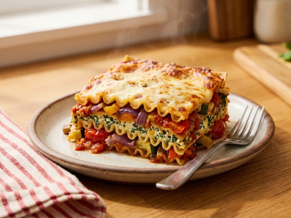 A square slice of veggie lasagna on a plate showing distinct layers of noodles, vegetables, ricotta filling, and marinara sauce