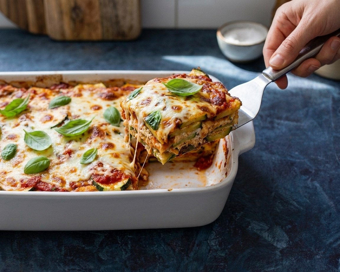 A square slice of zucchini lasagna lifted from the baking dish with a spatula, showing layers of zucchini, ricotta, sauce, and melted mozzarella