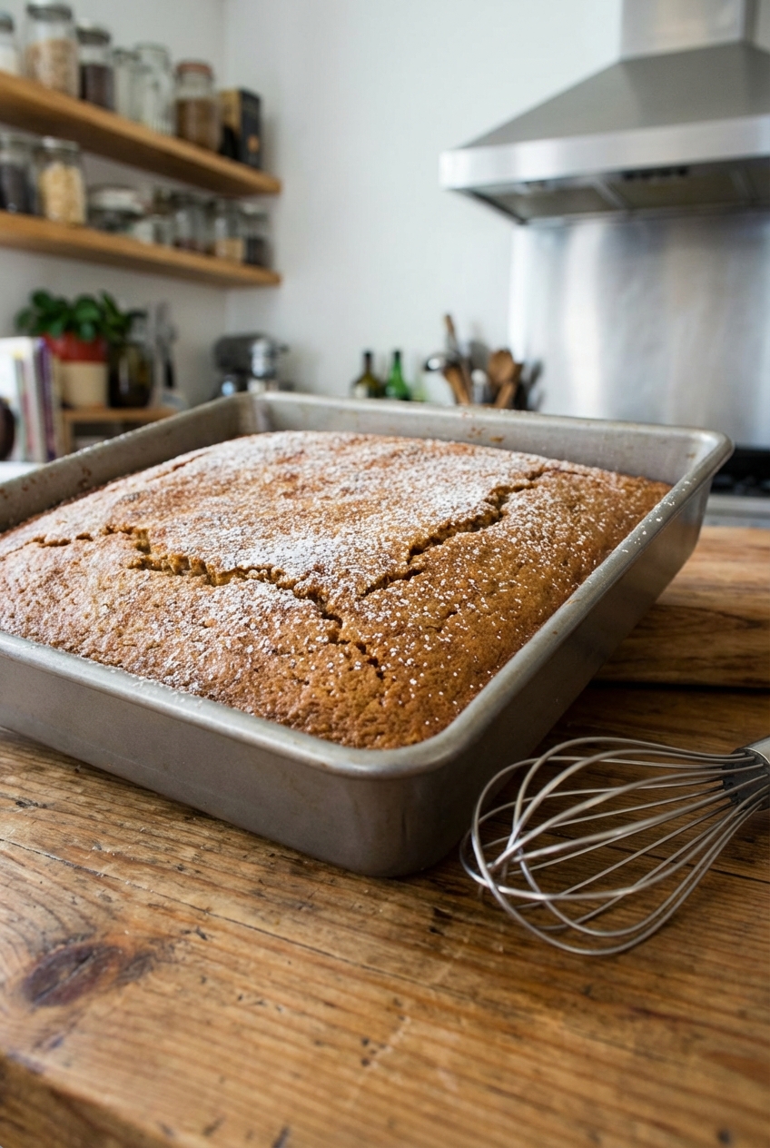 A square spiced cake cooling in a metal baking pan on a wooden counter with a simple whisk nearby