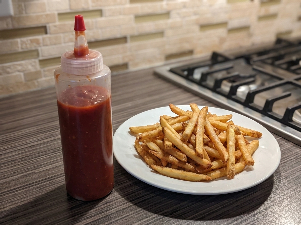 A squeeze bottle filled with homemade ketchup sitting on a kitchen counter next to a plate of fries