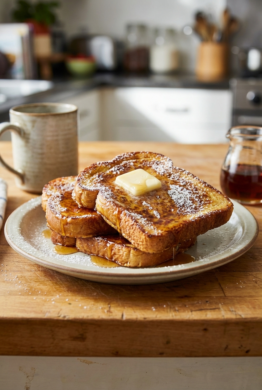 A stack of French toast with powdered sugar and a pat of butter melting on top