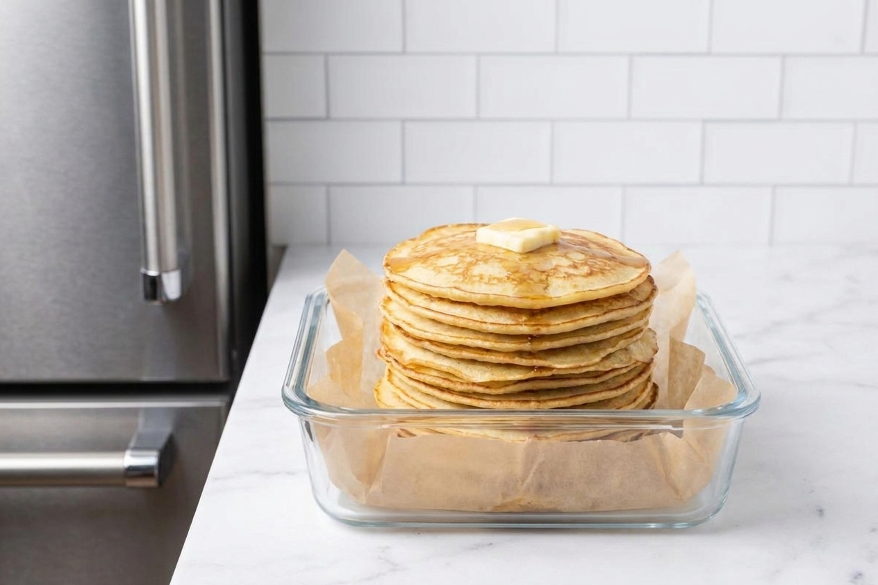 A stack of Swedish pancakes in a glass storage container lined with parchment paper on a kitchen counter next to a refrigerator