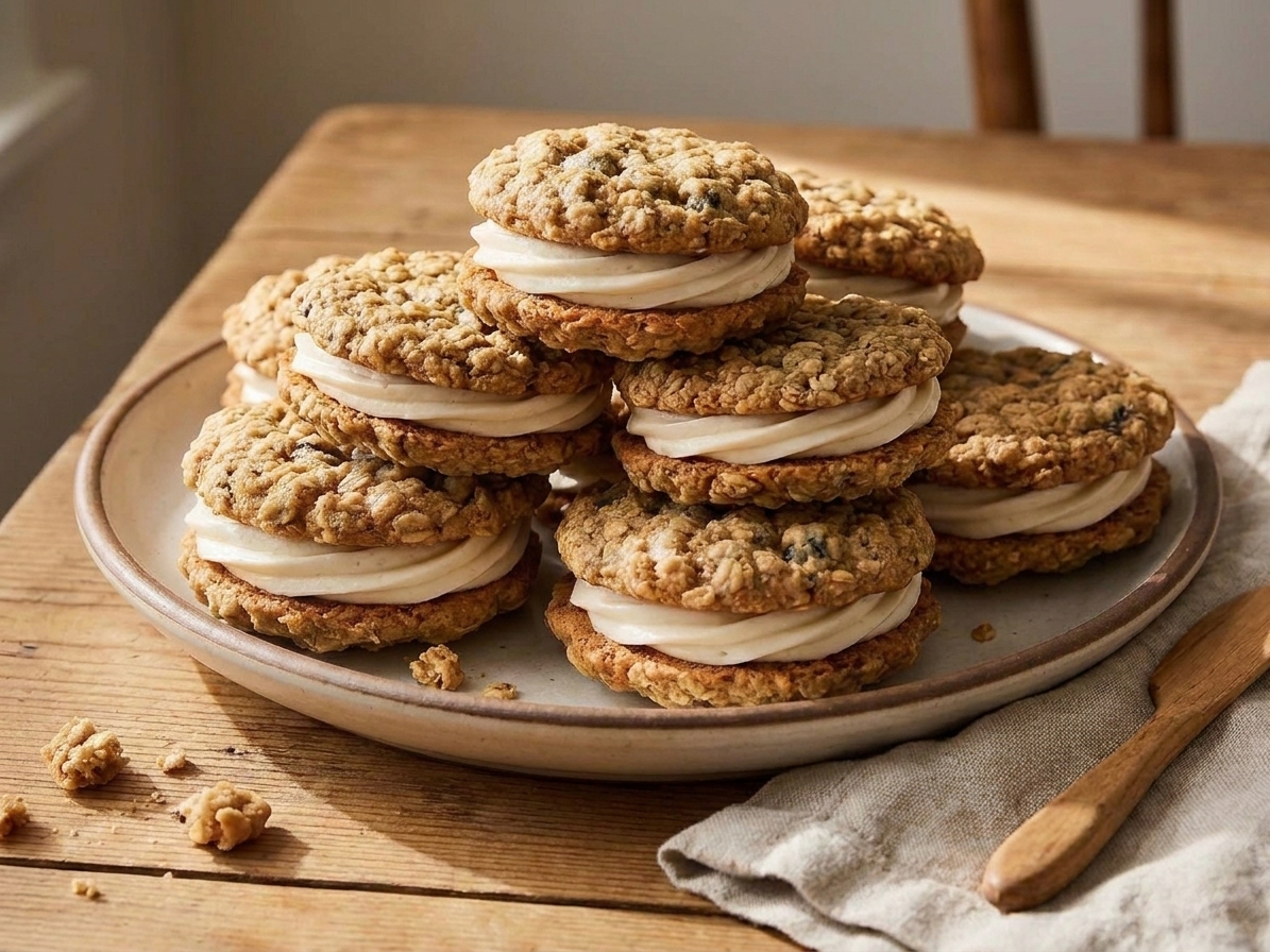 A stack of assembled oatmeal cream pies on a ceramic plate with crumbs scattered nearby on a wooden table