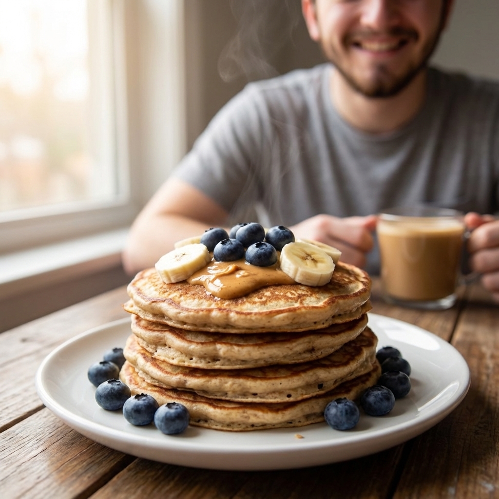 A stack of banana oat pancakes on a white plate with fresh blueberries and sliced banana on top, a spoonful of peanut butter melting over the warm pancakes, soft morning window light, shallow depth of field, realistic food photography
