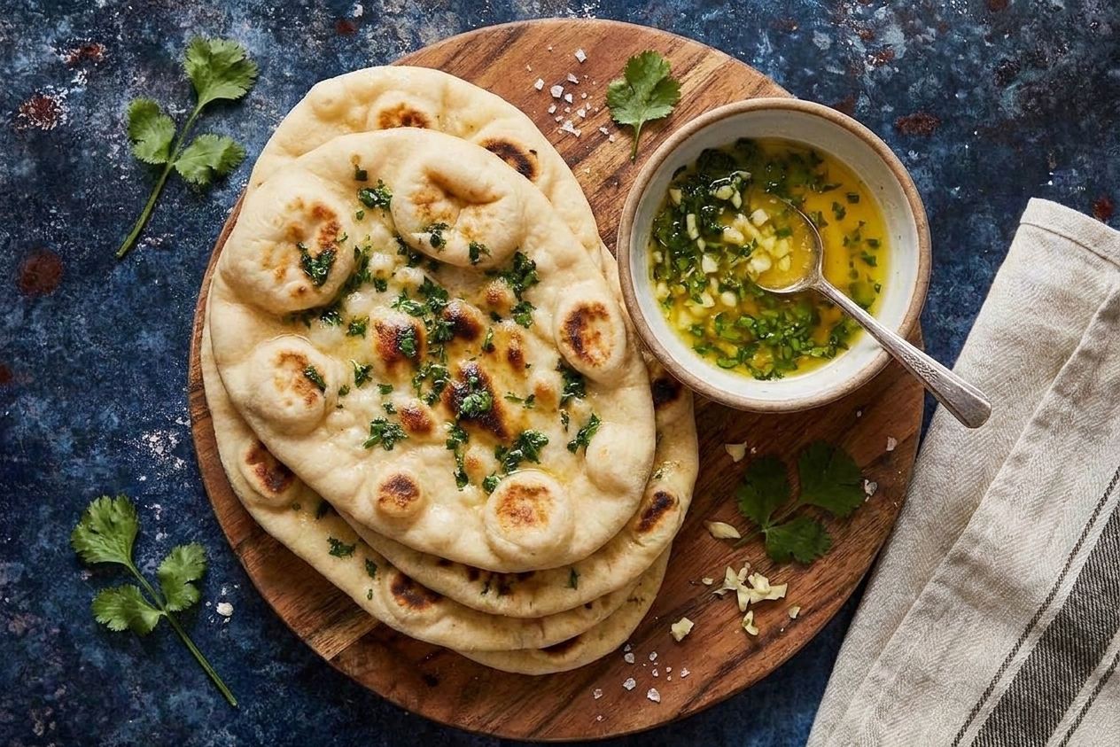 A stack of blistered garlic naan on a wooden board beside a small bowl of melted garlic butter