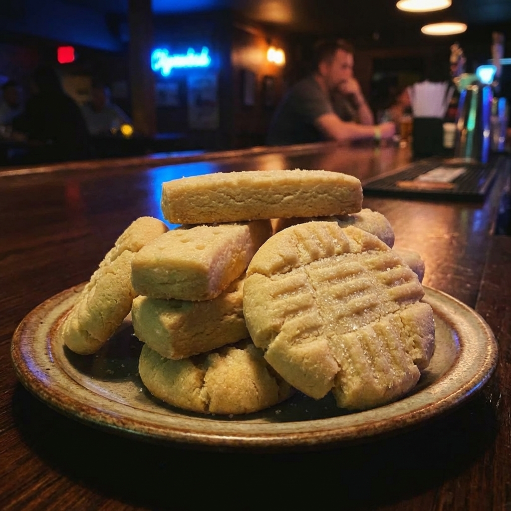 A stack of buttery shortbread cookies on a plate