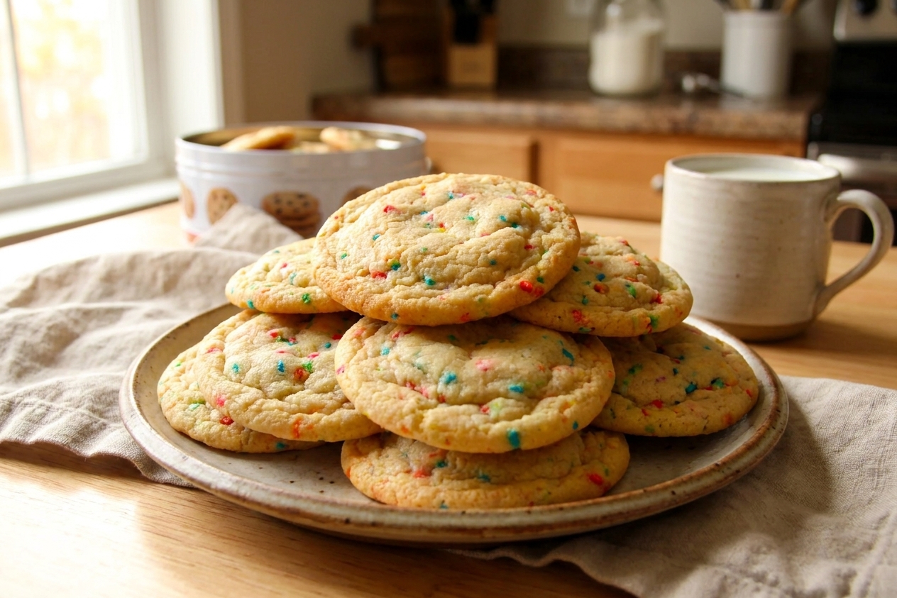 A stack of cake mix cookies with crinkled tops on a ceramic plate set on a simple kitchen table