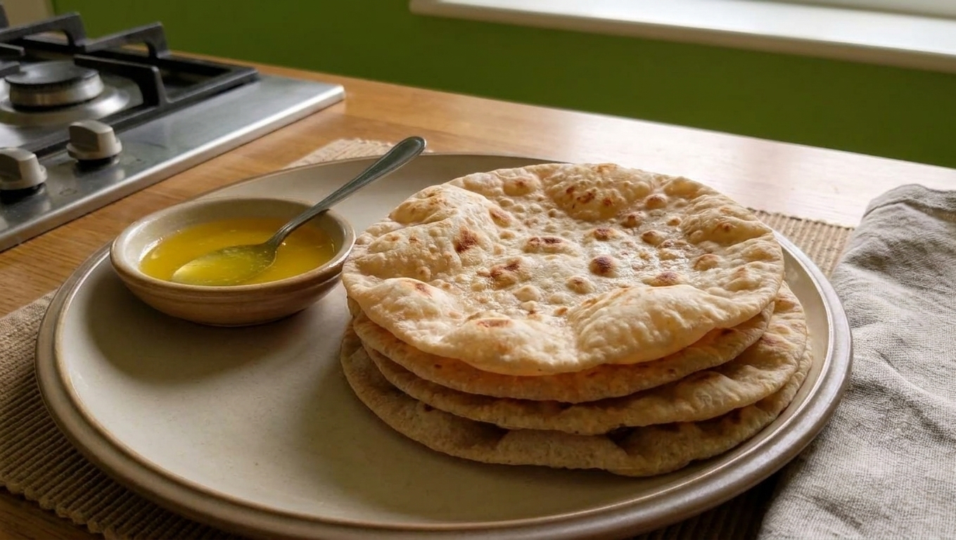 A stack of chapatis on a plate with a small dish of ghee on the side on a simple dinner table