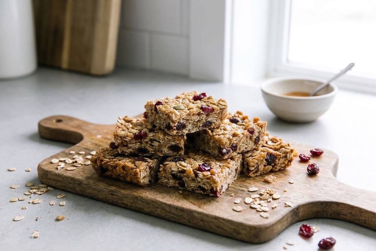 A stack of chewy granola flapjacks with crisp golden edges on a wooden cutting board, with a few oats and dried cranberries scattered on a bright kitchen counter