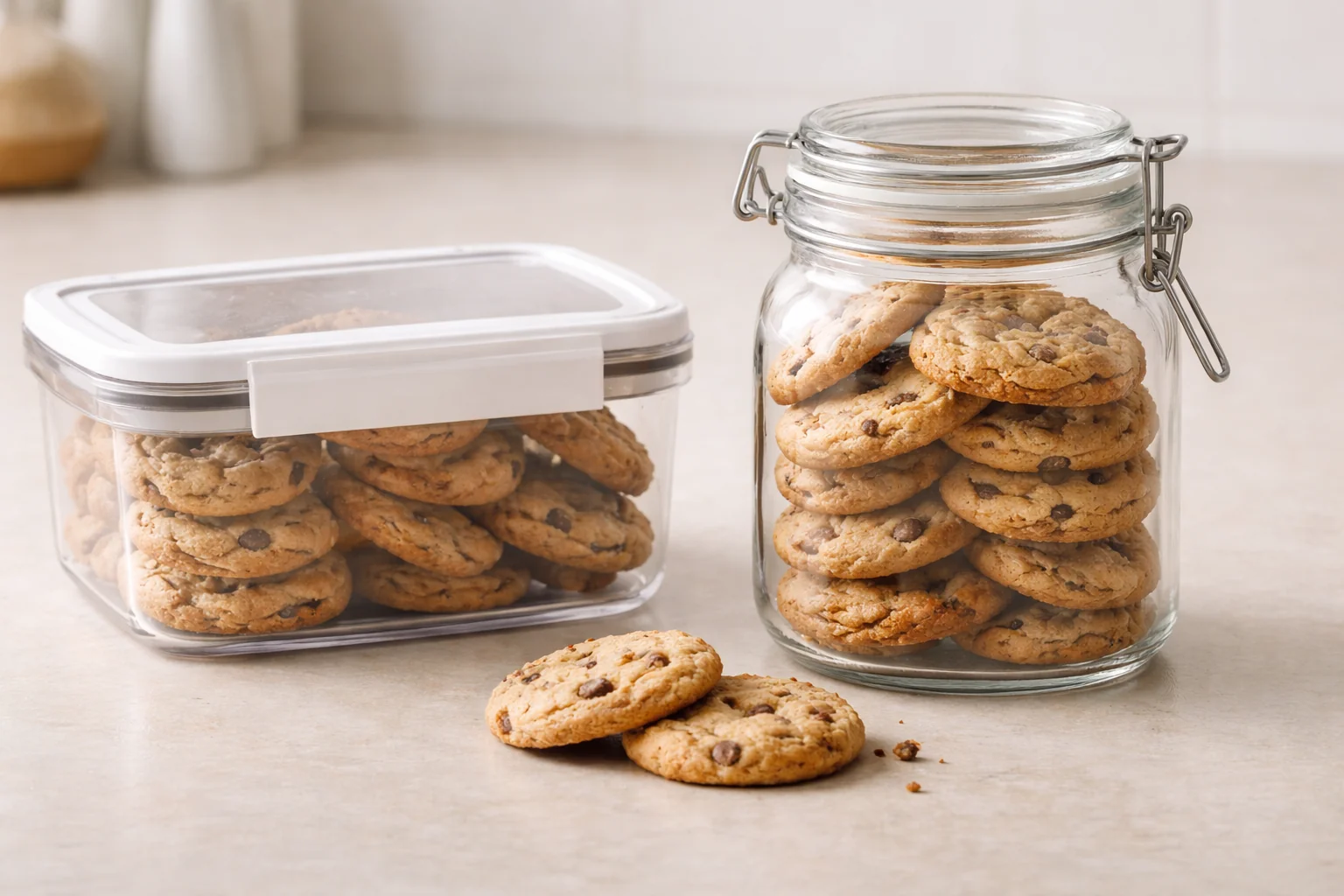 A stack of chocolate chip cookies stored in a clear airtight container on a kitchen counter
