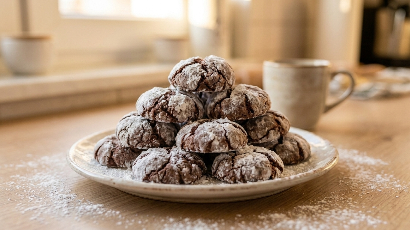 A stack of chocolate crinkle cookies on a ceramic plate with powdered sugar scattered on the table, cozy kitchen lighting