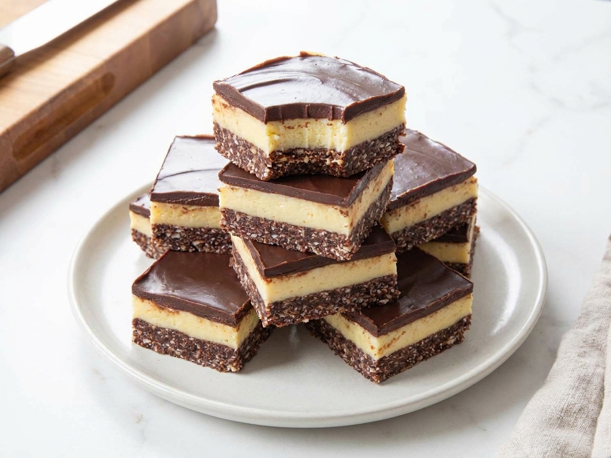 A stack of classic Nanaimo slices on a white plate, showing distinct layers of chocolate coconut base, pale custard filling, and glossy chocolate top on a bright kitchen counter