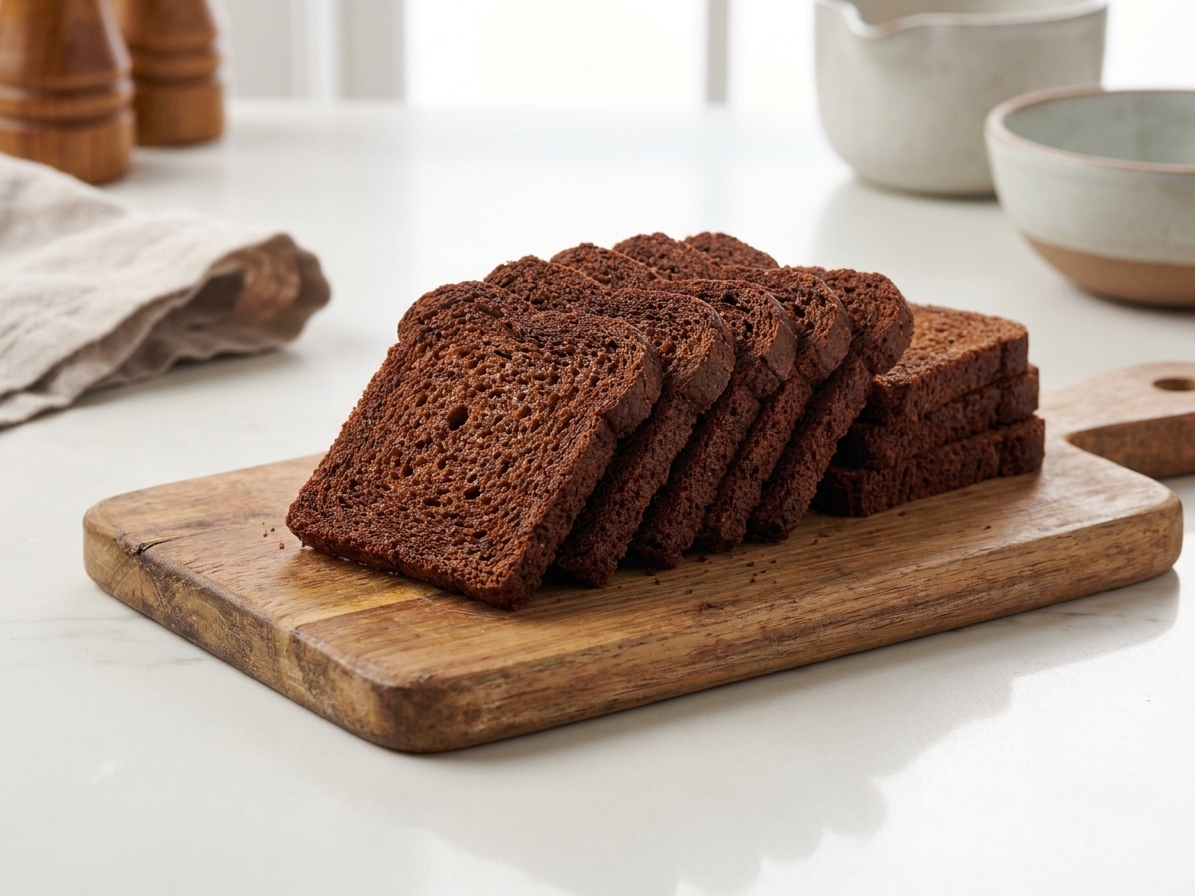 A stack of cocktail rye bread slices on a cutting board on a bright kitchen counter