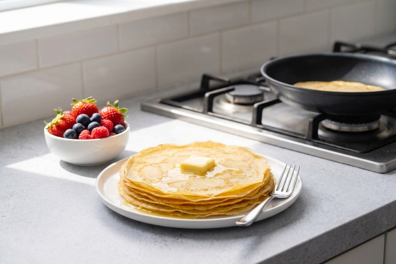 A stack of cooked crepes on a plate with fresh berries nearby on a sunlit kitchen table