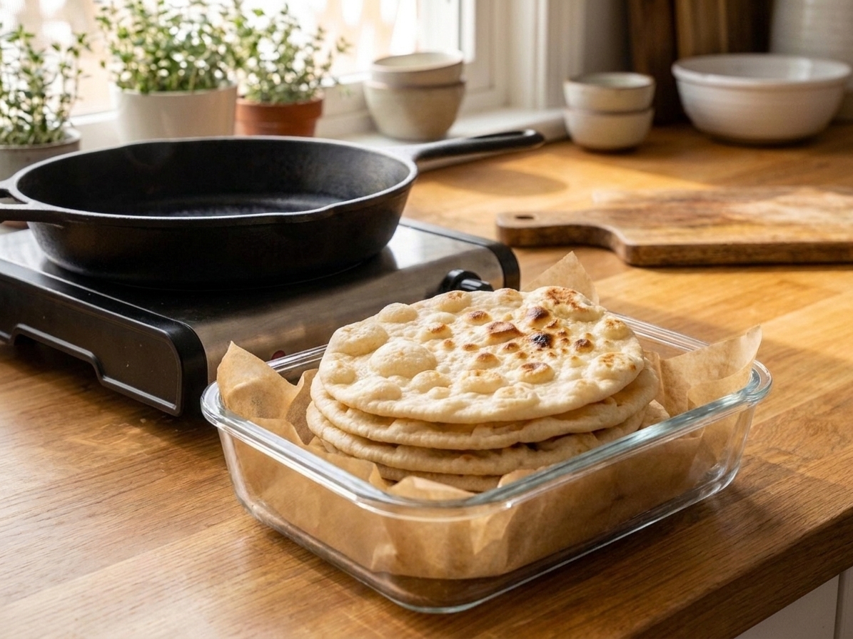 A stack of cooked flatbreads in a glass container lined with parchment on a kitchen counter