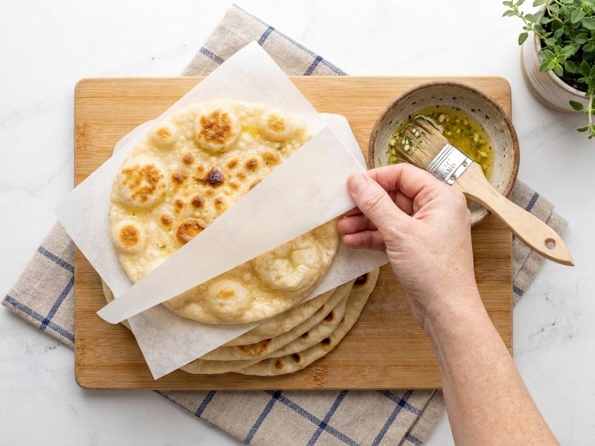 A stack of cooked flatbreads separated by parchment paper on a kitchen counter, ready to be stored for later