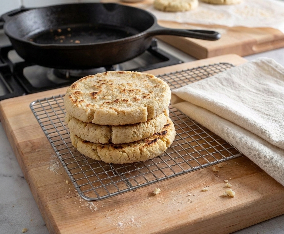 A stack of cooked gorditas cooling on a wire rack on a kitchen counter with a clean towel nearby
