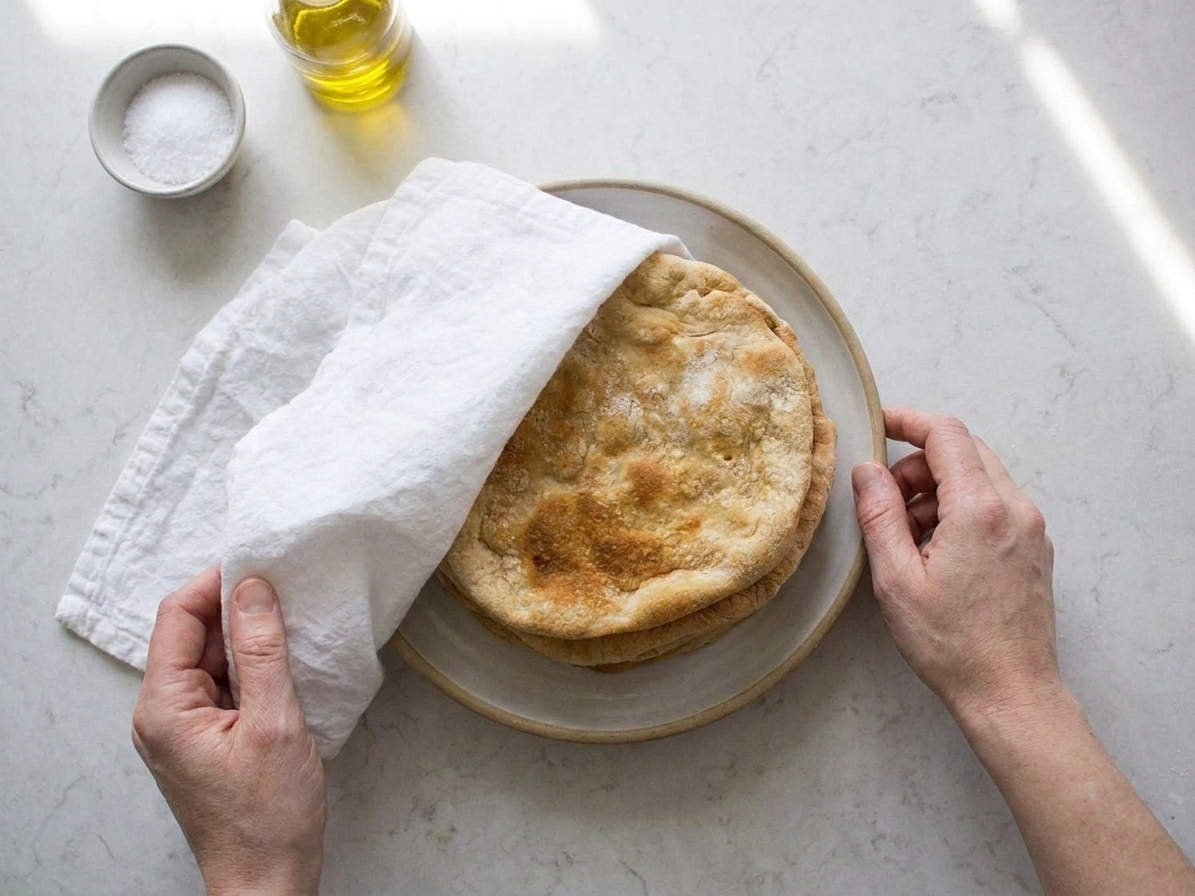 A stack of cooked unleavened flatbreads resting under a clean kitchen towel on a plate